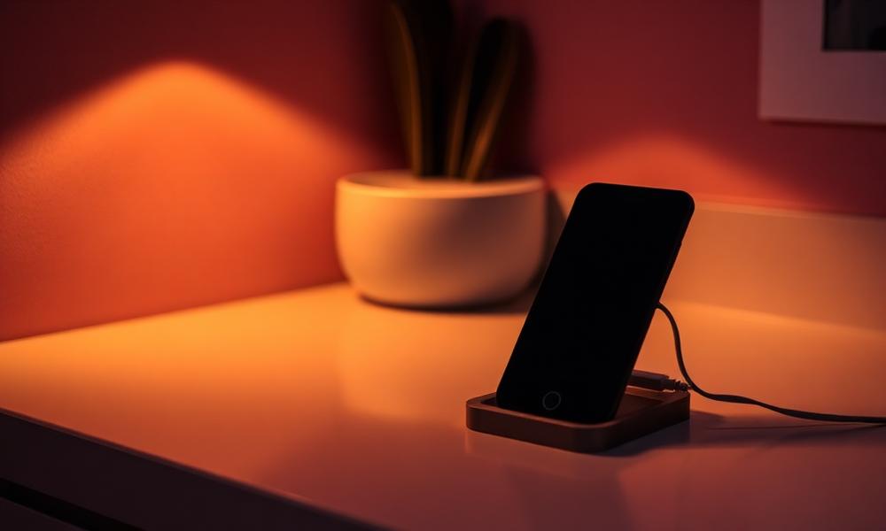 A phone charging on a kitchen counter in soft evening light