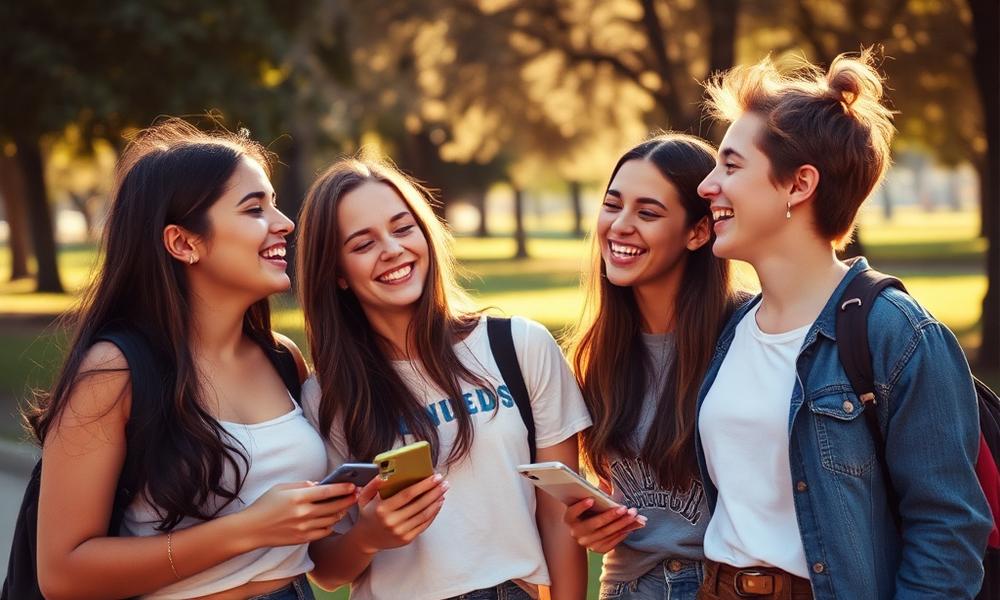 Teenage friends laughing together in a sunlit park