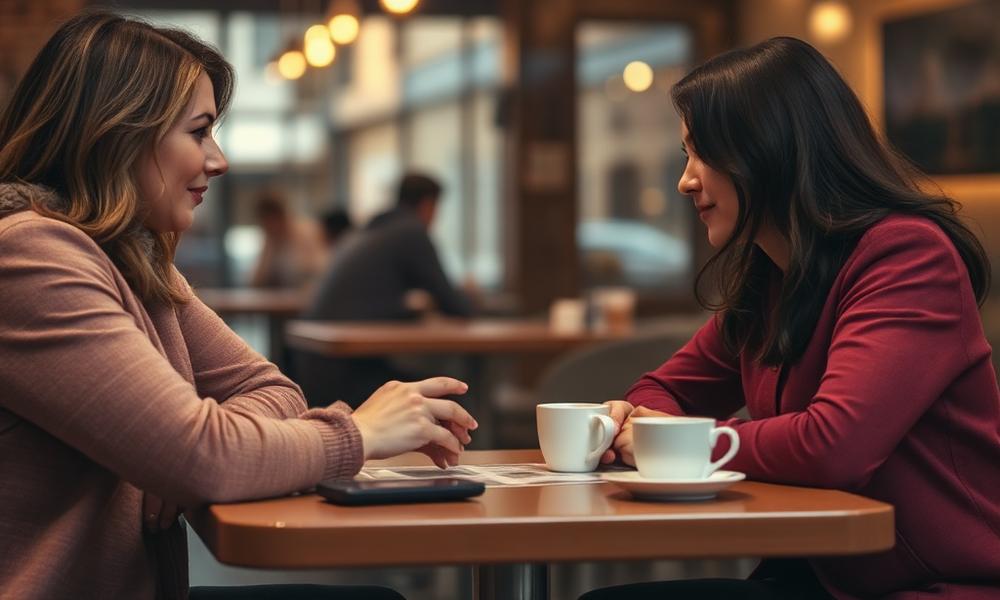 Two people mid-conversation across a cafe table