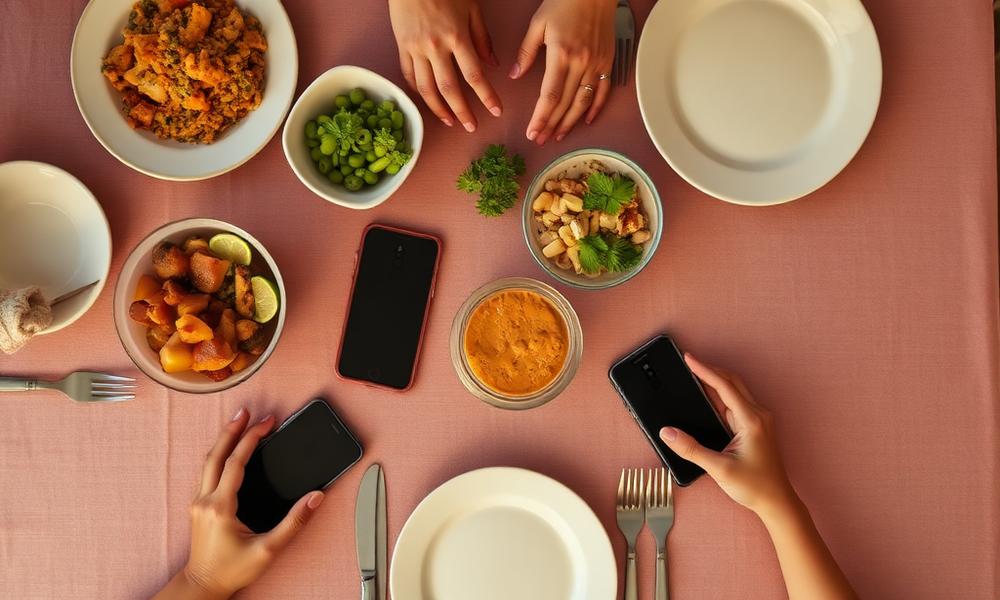 Family dinner table with bowls of food and phones face-down