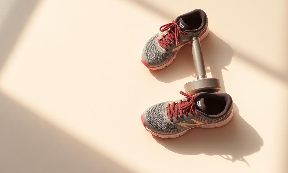 Running shoes and a dumbbell on a warm off-white floor