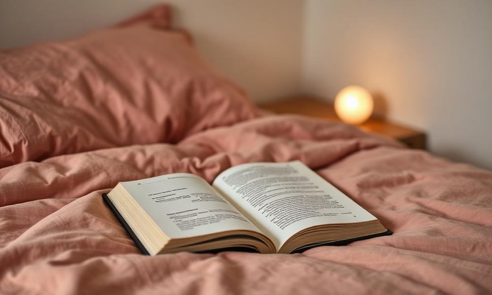 An open book resting on warm linen bedding beside a soft lamp