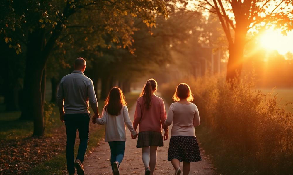 A family walking together on a leafy path at golden hour