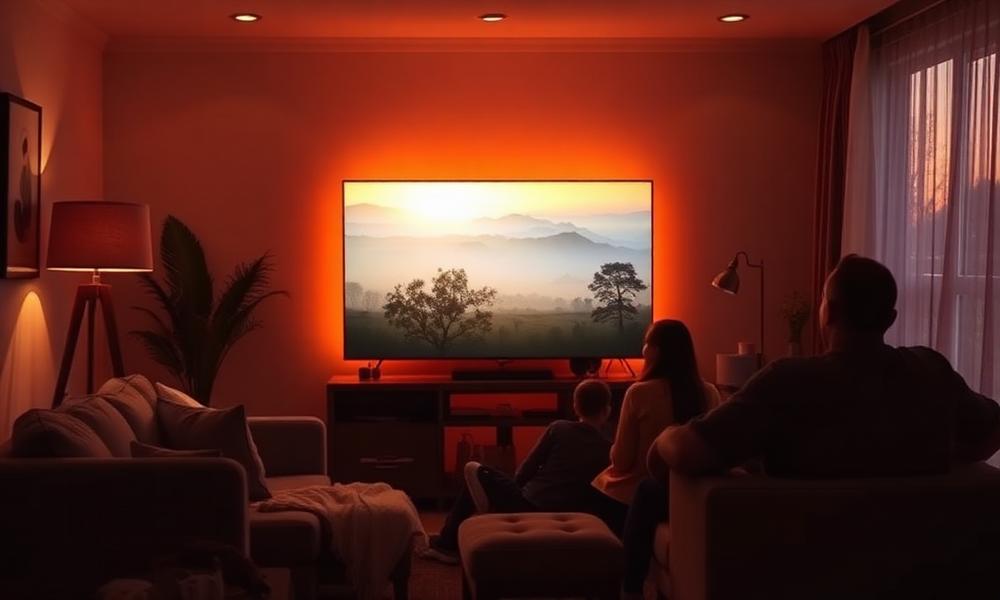 Family watching a documentary in a warmly lit living room at dusk